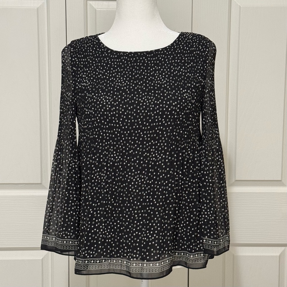 Max Studio Polka Dot Pleated Blouse XS Sheer Bell Sleeves